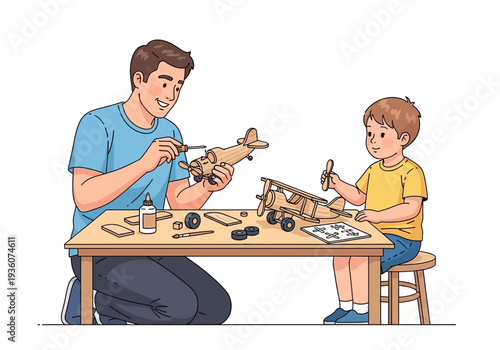 Father and son building model airplane together at table.