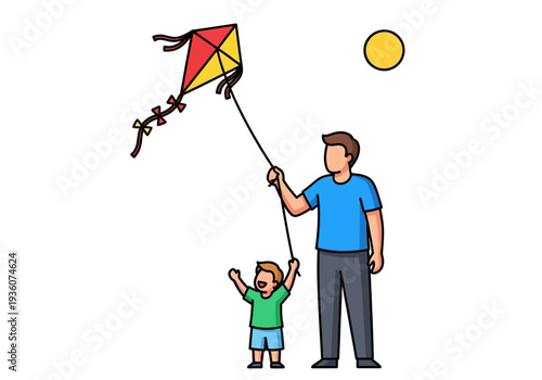 Father and Son Flying a Kite Together on a Sunny Day.