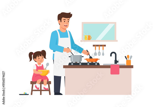 Father and daughter cooking together in the kitchen.