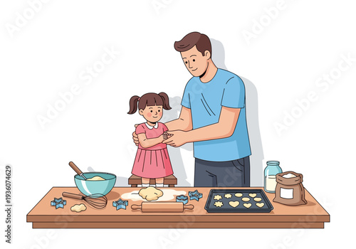 Father and daughter baking cookies together in the kitchen.