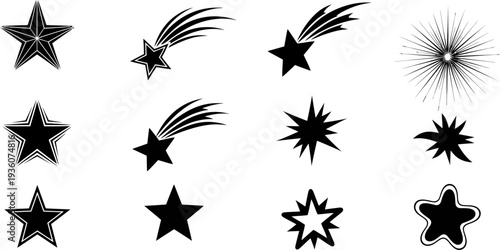 Star and shooting star outline icon set with celestial symbols