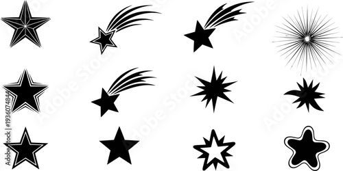 Star and shooting star outline icon set with celestial symbols