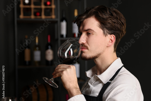 Fotografie Professional sommelier tasting red wine indoors, closeup