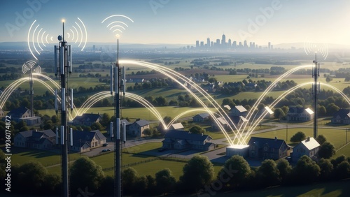 Digital illustration of cell towers beaming signals to homes in a suburban, rural landscape