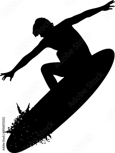 A silhouette of a surfer riding a wave in a dynamic pose
