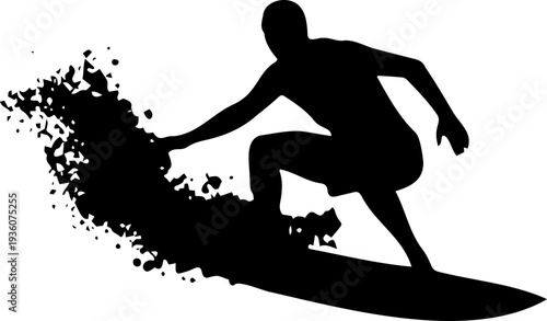 A silhouette of a surfer riding a wave in a dynamic pose with splashing water