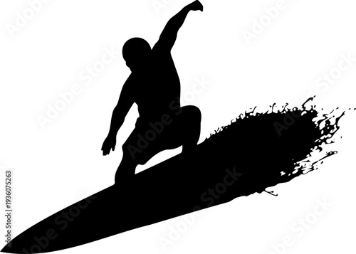 A black silhouette of a surfer riding a wave on a surfboard in a vector graphic design