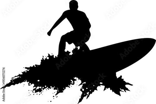 A black silhouette of a surfer riding a wave on a surfboard with a splash of water