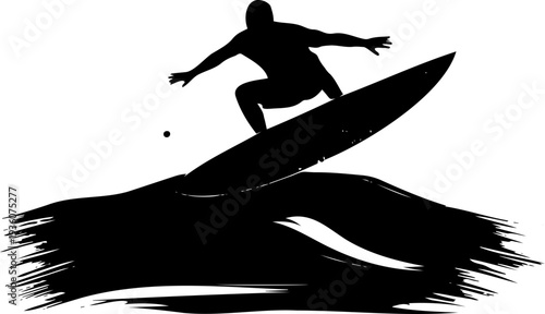 A black silhouette of a surfer riding a wave on a surfboard in a vector graphic design