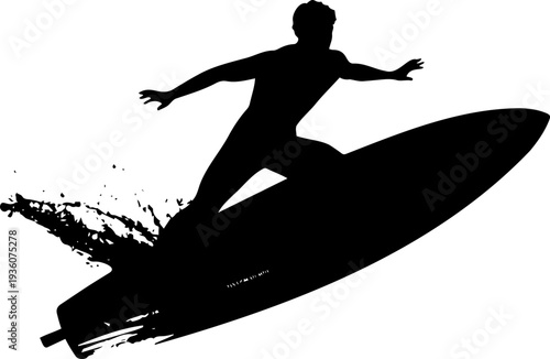 A black silhouette of a surfer riding a wave on a surfboard in a dynamic pose
