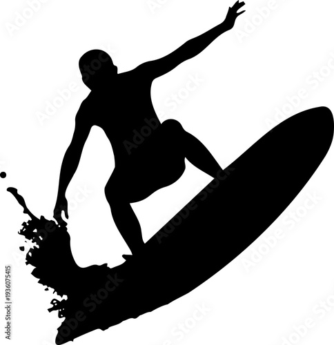 A black silhouette of a surfer riding a wave on a surfboard in a dynamic pose