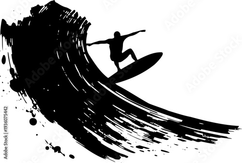 A surfer rides a wave in a dynamic black silhouette vector graphic illustration