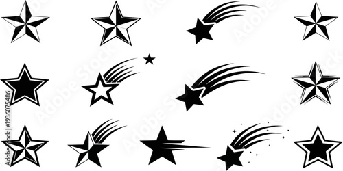 Star and shooting star outline icon set with celestial symbols