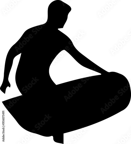 A black silhouette of a man meditating in a lotus position on a white background