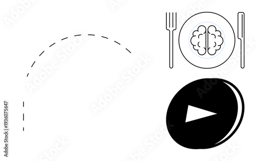 Education, media streaming, mindfulness, creativity, mental health, and diet. Plate with brain design, play button and dashed line. Mental health and education creatively