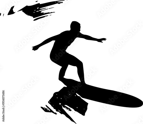 A black silhouette of a surfer riding a wave in a dynamic vector graphic design