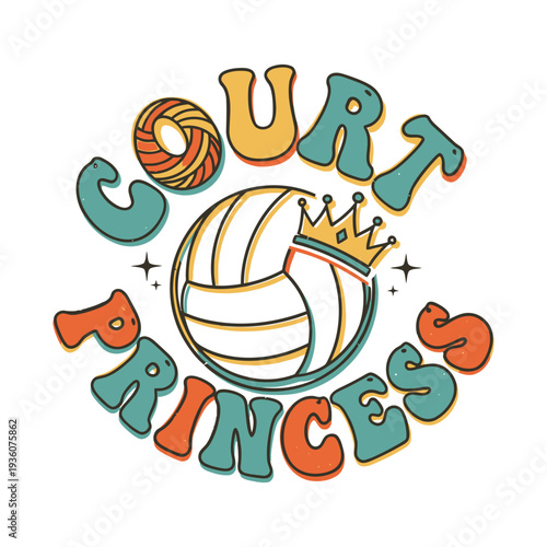Volleyball court princess with crown and ball in colorful design tshirt design