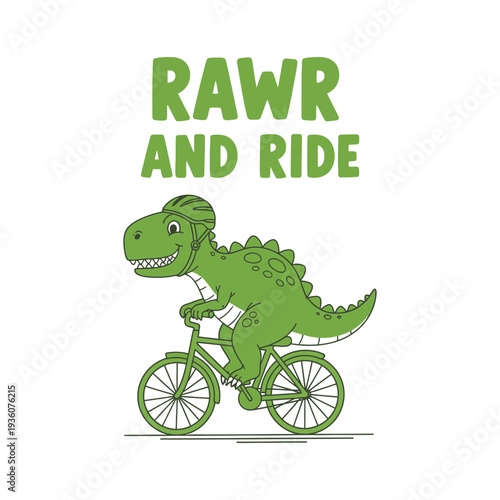 A green dinosaur riding a bicycle with the words Rawr and Ride above it tshirt design