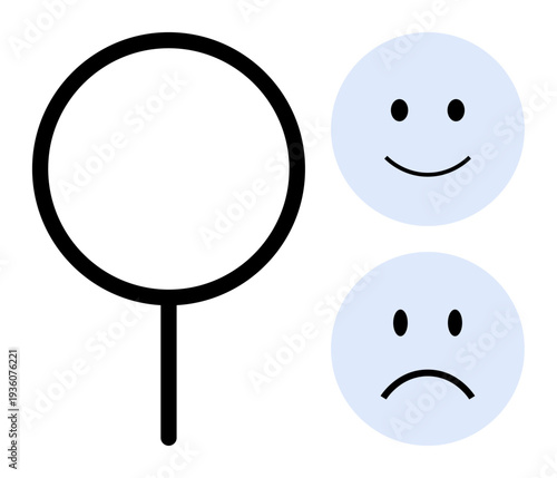Evaluation concept. Evaluation ed with a magnifier next to happy and sad emoticons. Evaluation helps in analyzing outcomes, understanding feedback, decision-making. Ideal for education, psychology