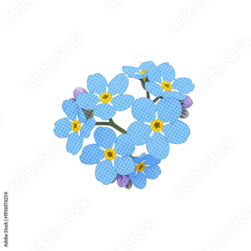 Vibrant Vector illustration of blue forget-me-not flowers with halftone texture. Delicate floral cluster, simple and clean, isolated on a white background