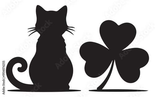 Black Cat Silhouette with Shamrock Vector for St Patrick Day