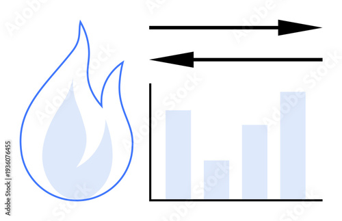 Energy management, data visualization, energy efficiency, heat analysis, renewable resources, and statistics. Flame icon with a bar graph and arrows indicating data flow. Energy management and data