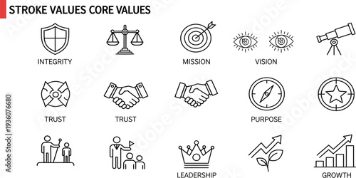 Business concept icons illustrating integrity, mission, vision, trust, leadership, growth