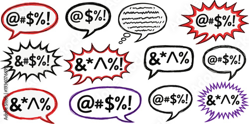 Comic speech bubbles with censored profanity symbols and cartoon expressions