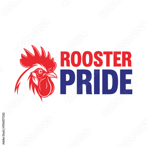 Rooster Pride logo with red rooster head and blue text on white background tshirt design
