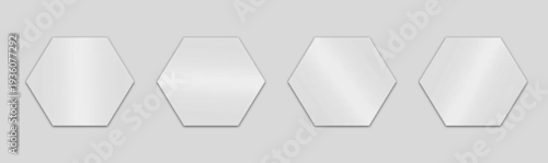 Obraz  z motywem Transparent glass frame with hexagon shape. 3d plastic blank screen isolated on on transparent background. Reflective surface panel with light glare. Modern UI element. 