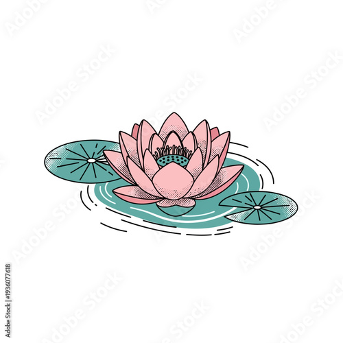 Vector illustration A beautiful pink lotus flower blooming elegantly on tranquil water, surrounded by green lily pads, symbolizing purity and peace
