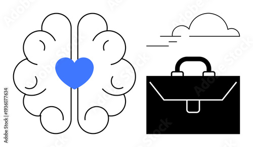 Mental health, work-life balance, emotional intelligence, productivity, decision-making, mindfulness. Brain with a heart, adjacent to a briefcase. Mental health and work-life balance concept