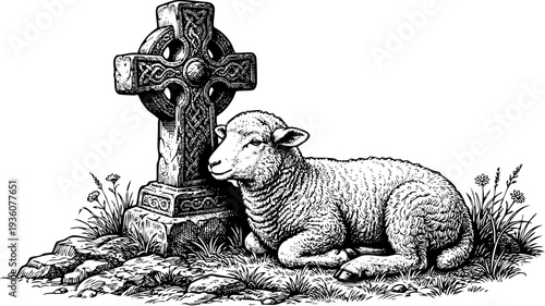 Engraving style Lamb resting near a Stone Cross, symbolizing Faith, Peace, and Sacrifice for Religious Studies, Easter Content, Devotional Materials, and Spiritual Blogs