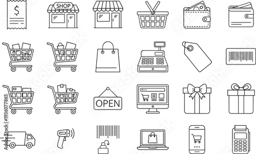 Shopping and ecommerce outline icon set featuring shopping carts, store buildings, cash register, delivery truck, barcode, wallet, and online marketplace.