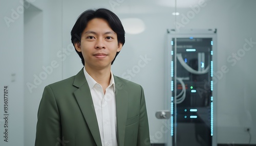 Wallpaper Mural Young asian man in a green blazer smiling confidently standing in a modern data center with server racks Torontodigital.ca