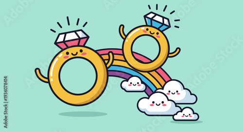 Cartoon Engagement Rings with Smiling Faces.