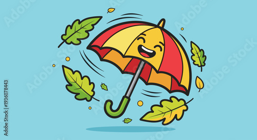 Cartoon Umbrella Flying with Leaves and Rain.