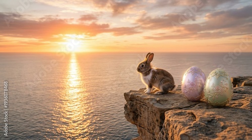 Easter bunny eggs cliff ocean sunset beautiful golden hour seascape