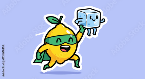 Cartoon Lemon Superhero Holding Ice Cube.