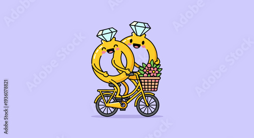 Two Wedding Rings Riding Bicycle Together.