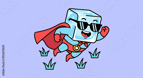 Cartoon Ice Cube Superhero Character Flying.