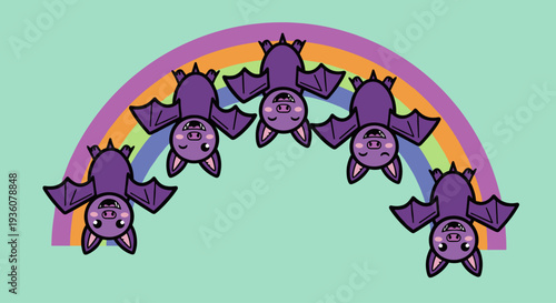 Cartoon Bats Hanging from Rainbow Arch.