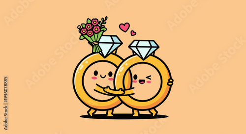 Cartoon Wedding Rings with Smiling Faces.