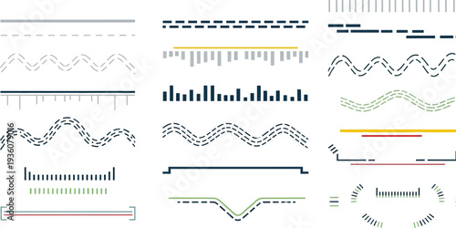 Decorative dashed line divider set with colorful ornamental border designs