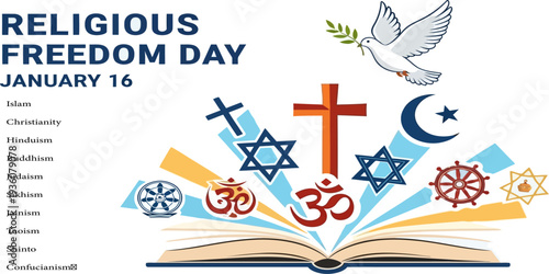 Religious Freedom Day poster with symbols of world religions and dove