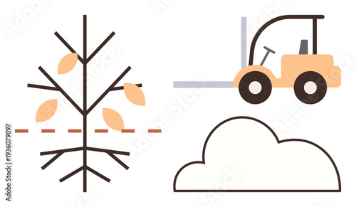 Agriculture, forestry, logistics, sustainability, environment, industrial tools. Simple tree with highlighted pruning line, forklift and cloud. Agriculture and forestry concept emphasizing pruning