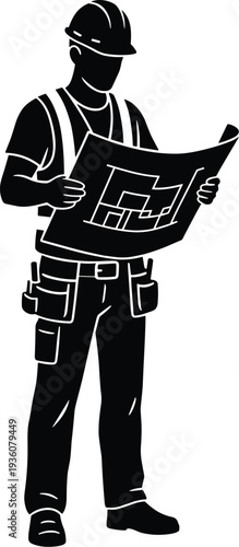 Minimal vector silhouette, construction worker wearing helmet holding blueprint, solid black, isolated on white.