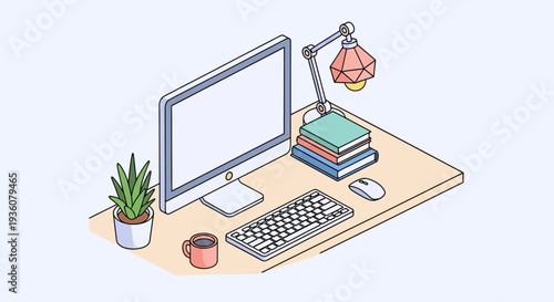 Isometric illustration of a modern workspace with computer and office supplies.