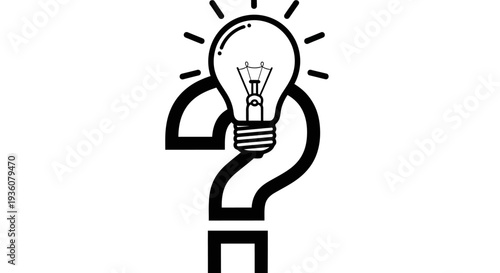 Simple black and white illustration of a question mark holding a glowing light bulb.
