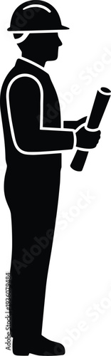 Minimal vector silhouette, construction worker wearing helmet holding blueprint, solid black, isolated on white.